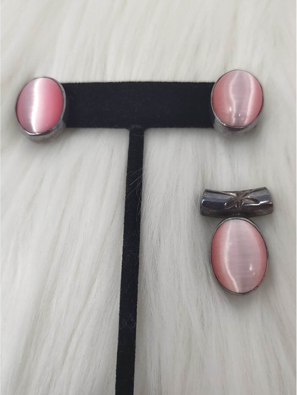 Taxco Mexico 925 Pink Cat's Eye Pendant/Earrings Set TS-139
